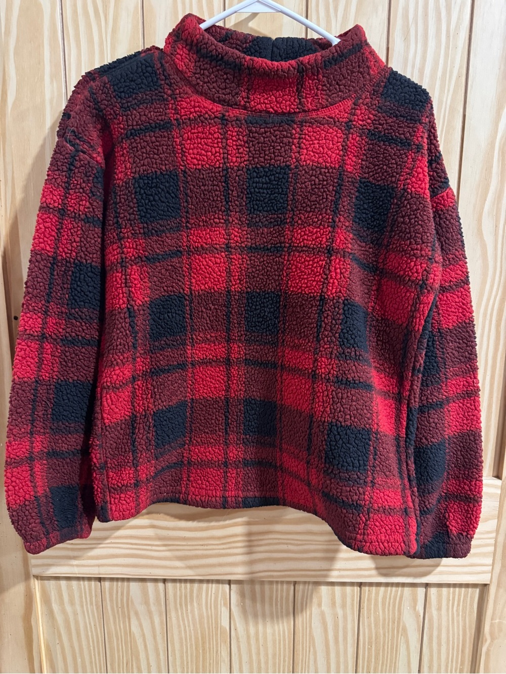 Red and Black Plaid Mock Neck Sherpa Fleece Pullover Sweater— Small
